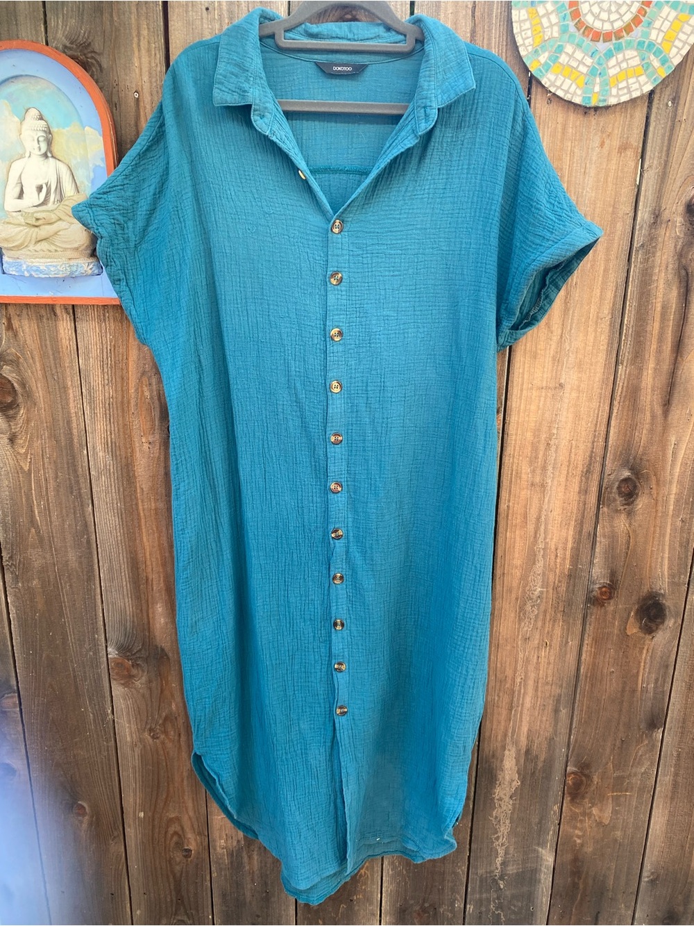 Button-Front Teal Shirt Dress
